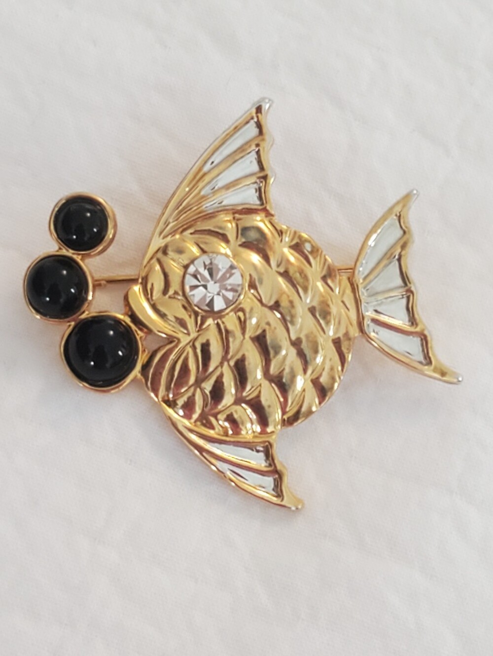 Caroline Vintage Costume Gold Fish Brooch Pin with Black Accent Bubbles